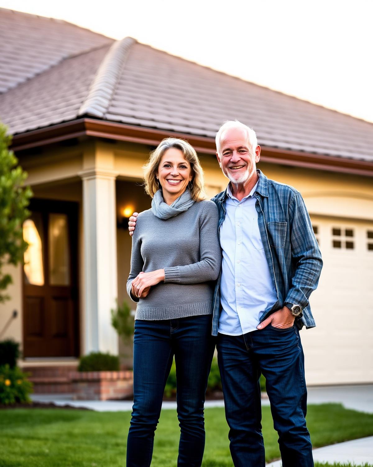 Happy Butte Roofing homeowners in front of their newly re-roofed Northern California home
