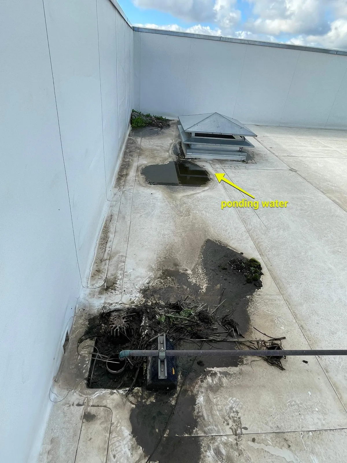 Annotated inspection photo showing ponding water and a clogged drain on a commercial flat roof in Chico