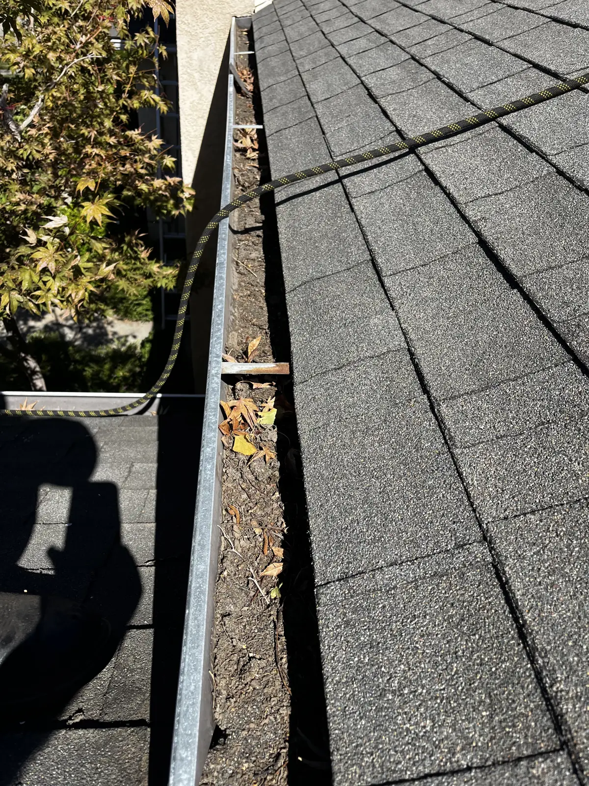 Shingle grit and sediment built up in a gutter along the roof edge